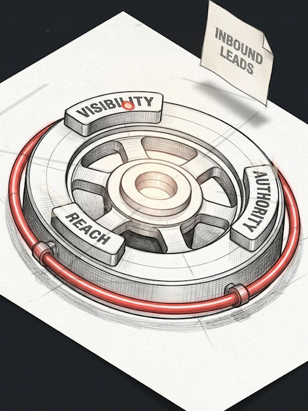 The Authority Flywheel™ — Visibility, Authority, and Reach compounding into inbound leads